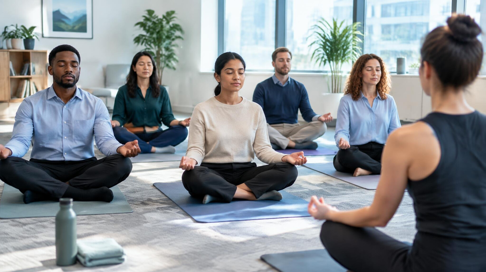 Group of employees participating in a guided breathing and relaxation exercise